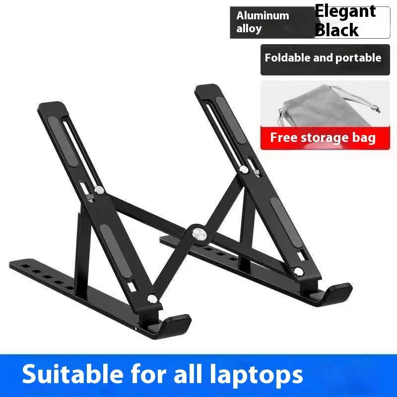 Silver aluminium alloy folding laptop stand holding a laptop, shown alongside its black cloth storage bag.