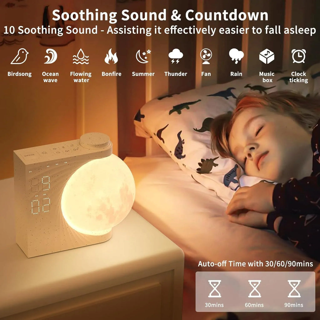 Wake up light alarm clock with sunrise simulation, colourful ambient lighting, and dual alarm, shown on a bedside table