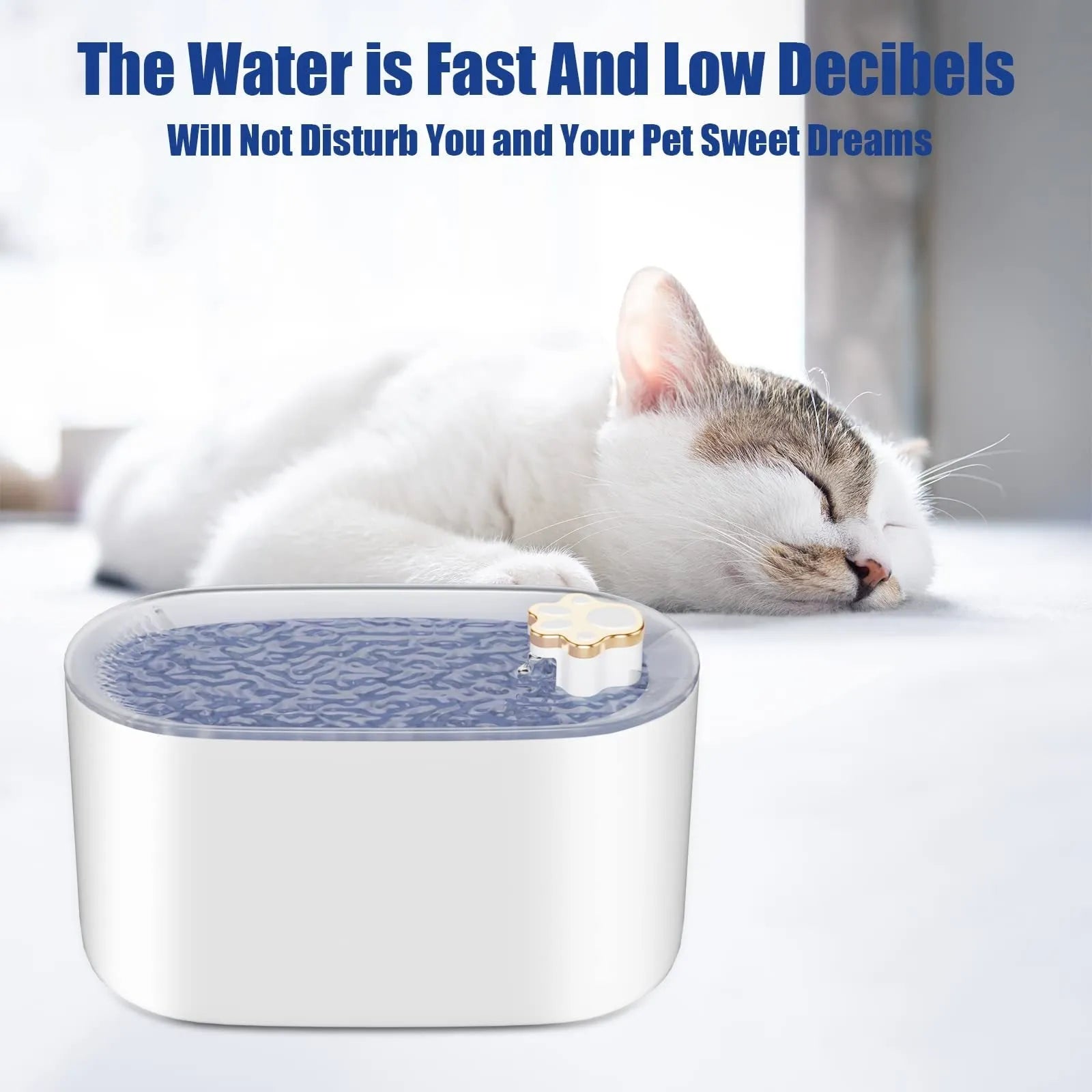 Berlin blue automatic pet water fountain with quiet pump and triple filter on floor.