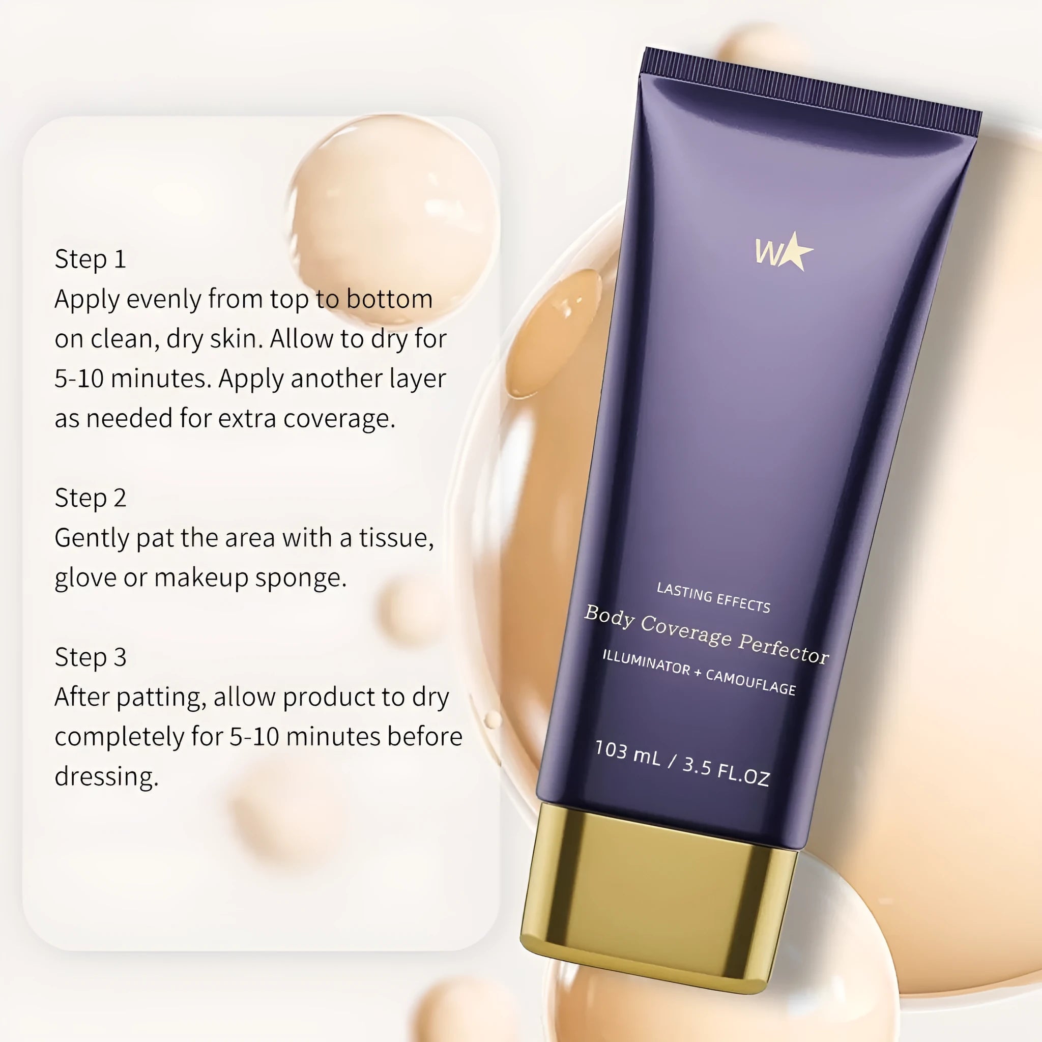 Waterproof body tattoo concealer cream bottle and brush in one of seven radiance shades.