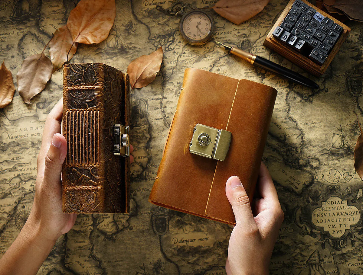 Vintage cowhide leather notebook journal with blank brown paper and retro password book cover in Carved brown or Crazy Horse brown, A5 A6 A7