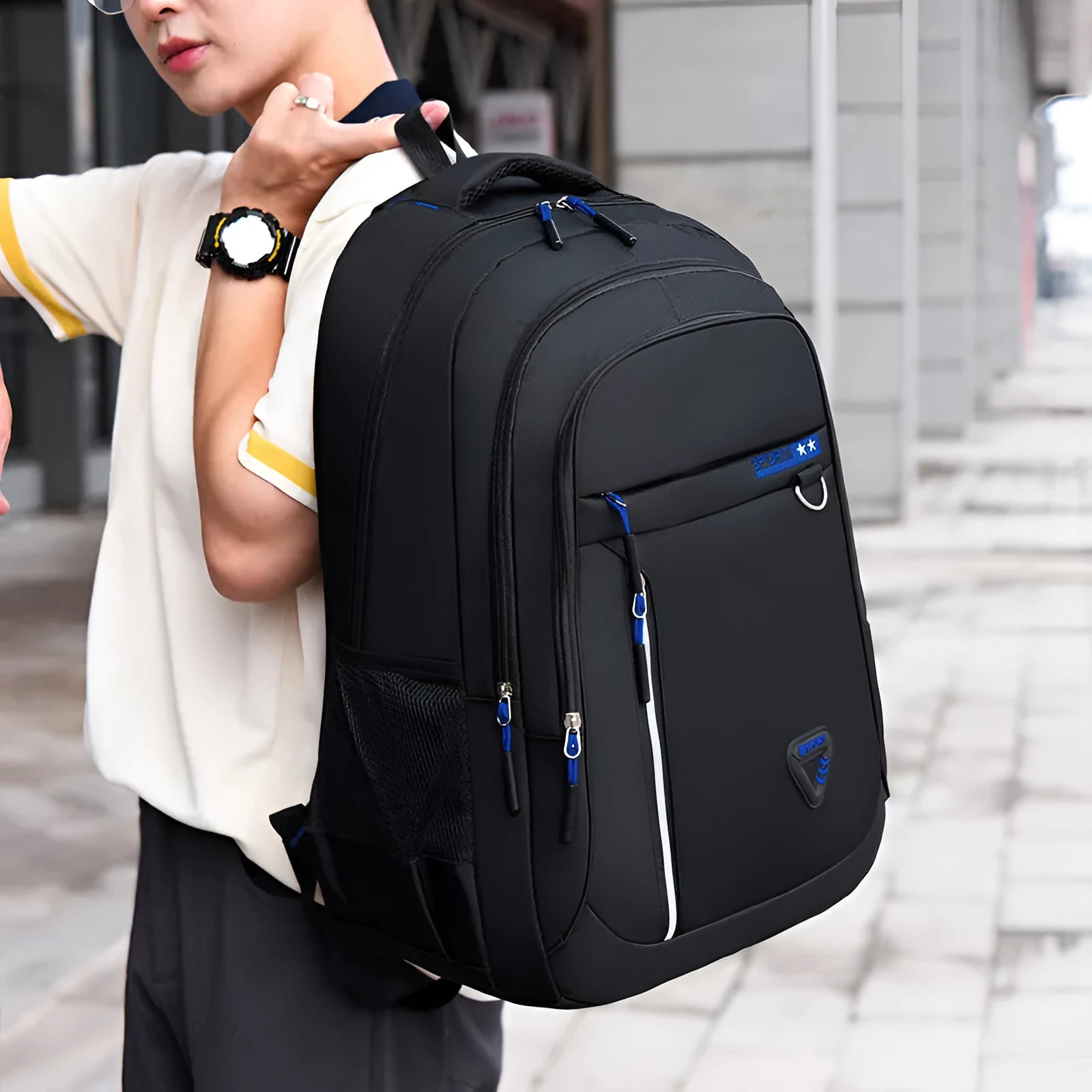 Men's Oxford cloth schoolbag with air pillow belt in multiple colour options showing letter pattern design
