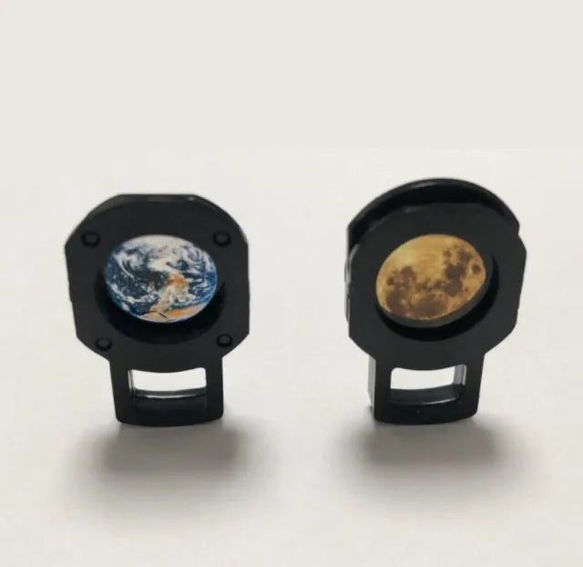Adjustable Earth and Moon projection lamp with USB cable on a rotating hose bracket.
