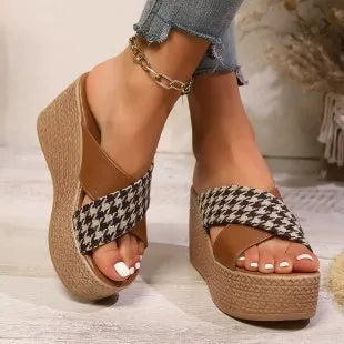 Cross leopard plaid wedge sandals in brown and black patterns with rubber soles