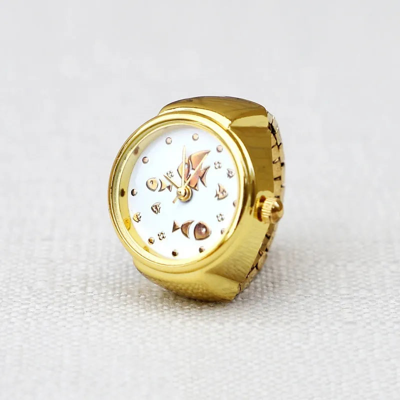Gold-coloured alloy fashion ring, 8mm thick, with patterned face options including butterfly, cat and lotus