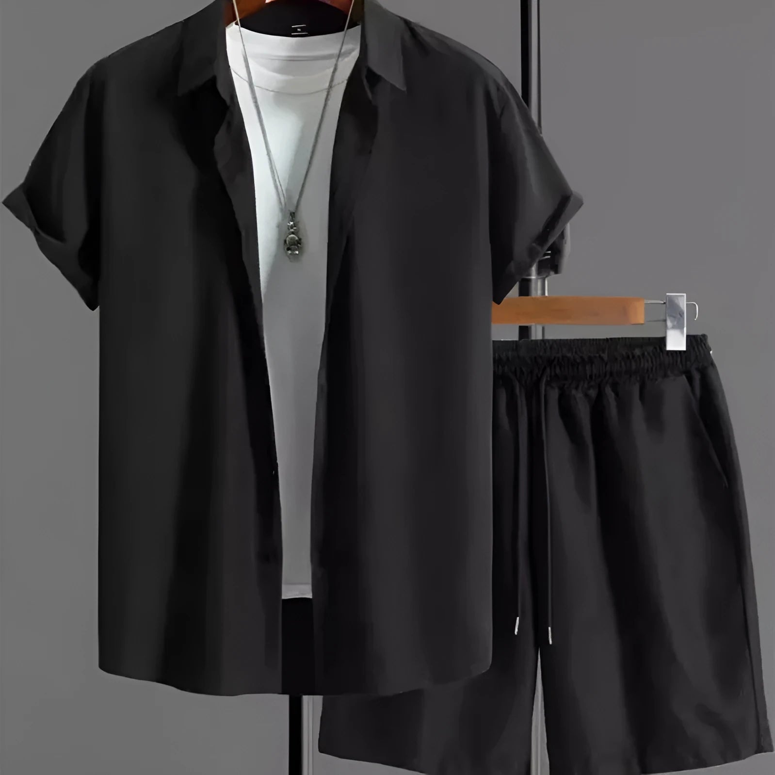 Mens jacquard short sleeve suit shirt and shorts set in solid colour with Asian sizing
