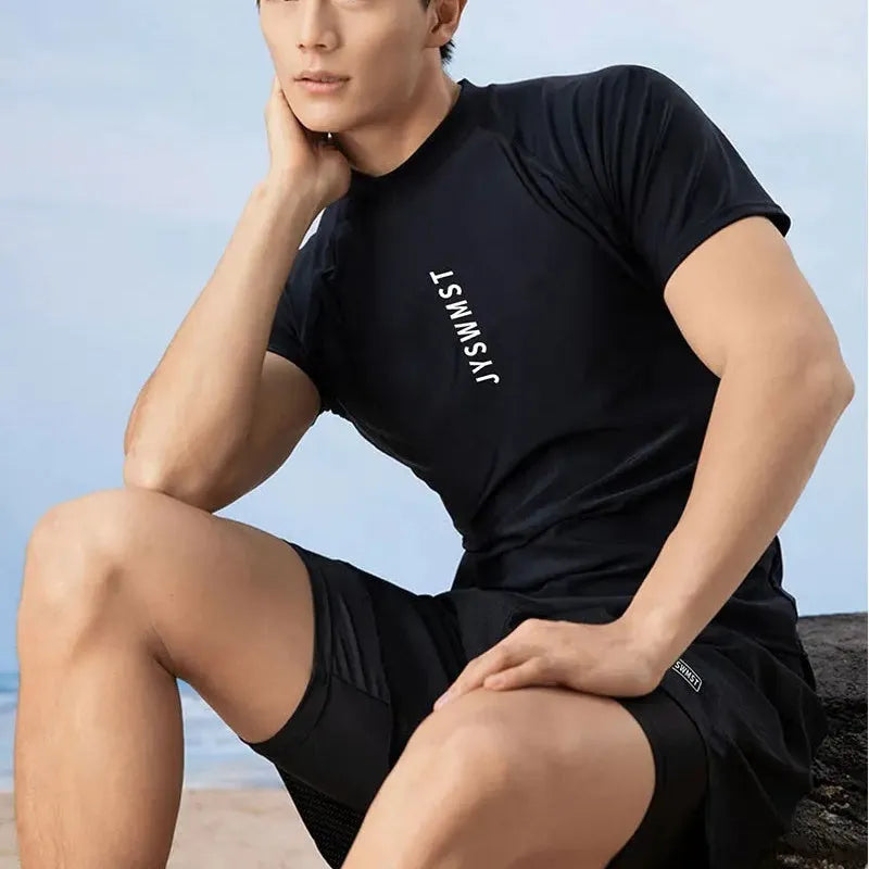 Men's patterned plus-size swim trunks with top and pants in polyester fabric