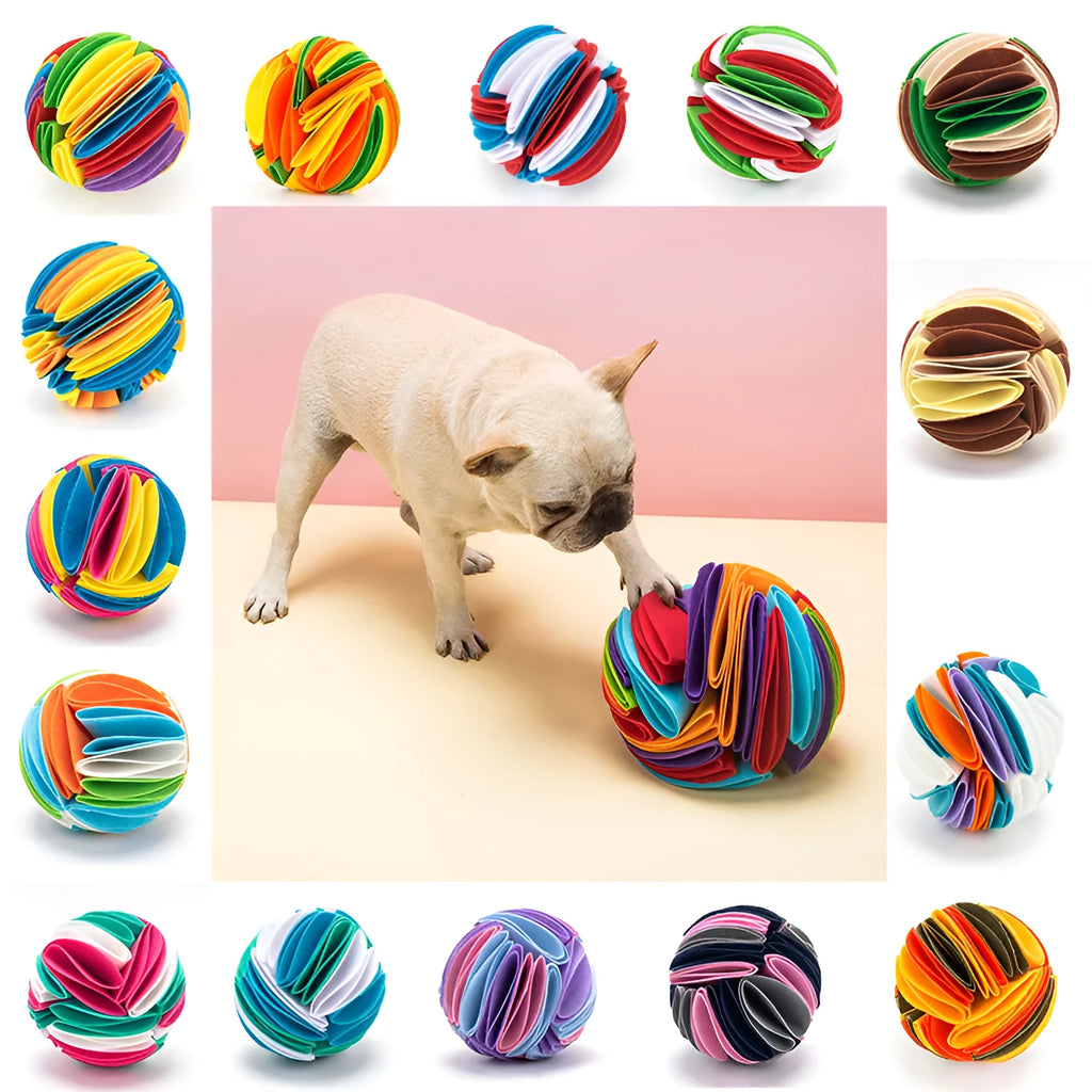 Foldable dog snuffle ball in polar fleece fabric, size L 20 cm, beige brown green colour, on a light background