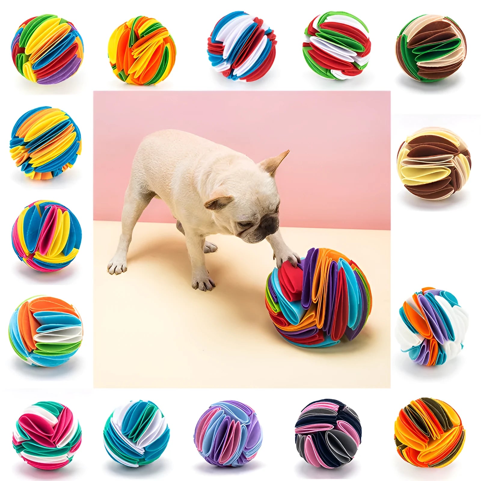 Foldable dog snuffle ball in polar fleece fabric, size L 20 cm, beige brown green colour, on a light background