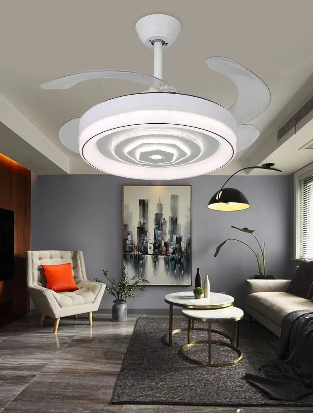 Nordic ceiling fan light with ABS blades in 42-inch or 48-inch diameter sizes