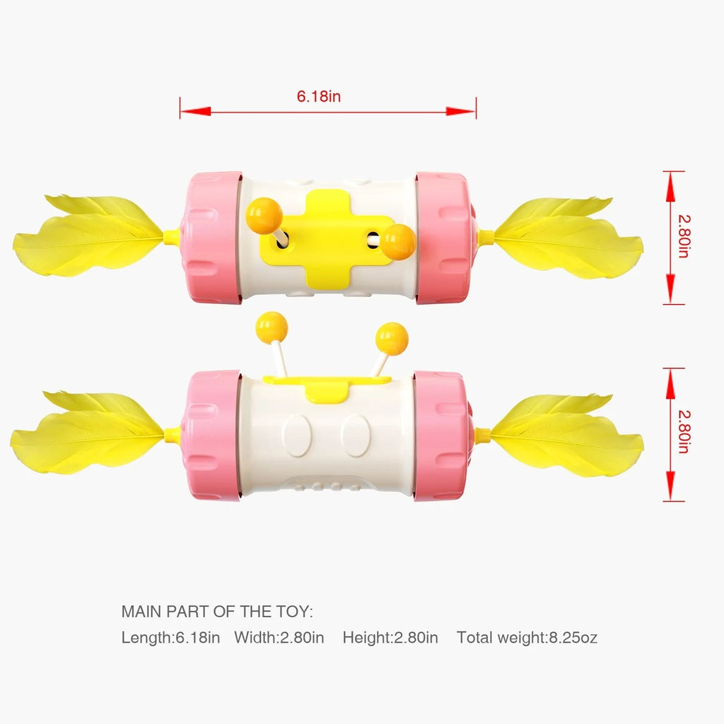 Interactive cat stick toy with blue feather ball and wobbly yellow tumbler base on a carpet.