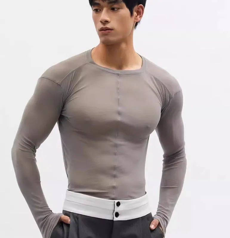 Black mesh see-through texture slim-fit long sleeve PU pullover on a hanger.