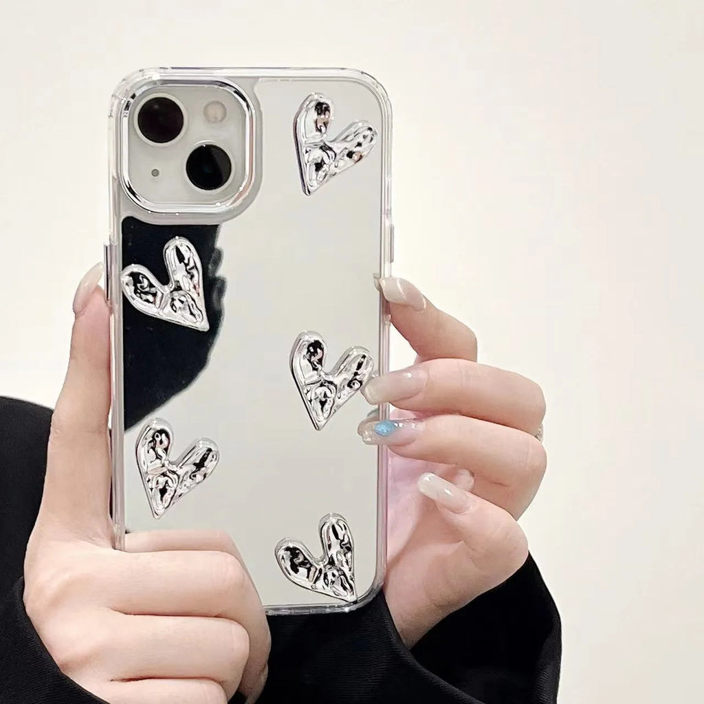 White electroplated mirror phone case for iPhone 14 Pro Max with three-dimensional love pattern and soft TPU construction