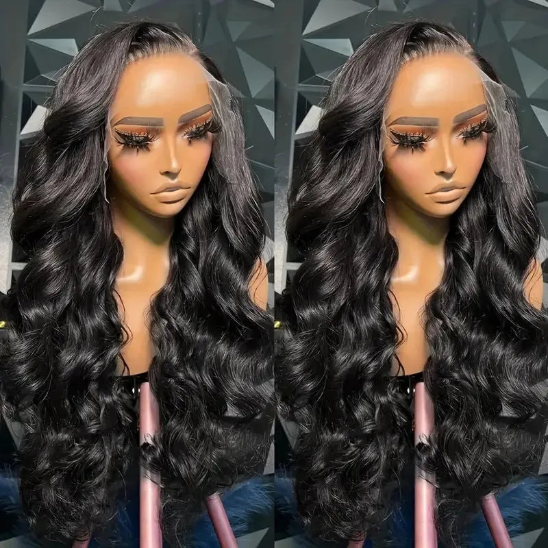Black synthetic full-head wig with medium-large waves, shown at 22 inches length on a mannequin head.