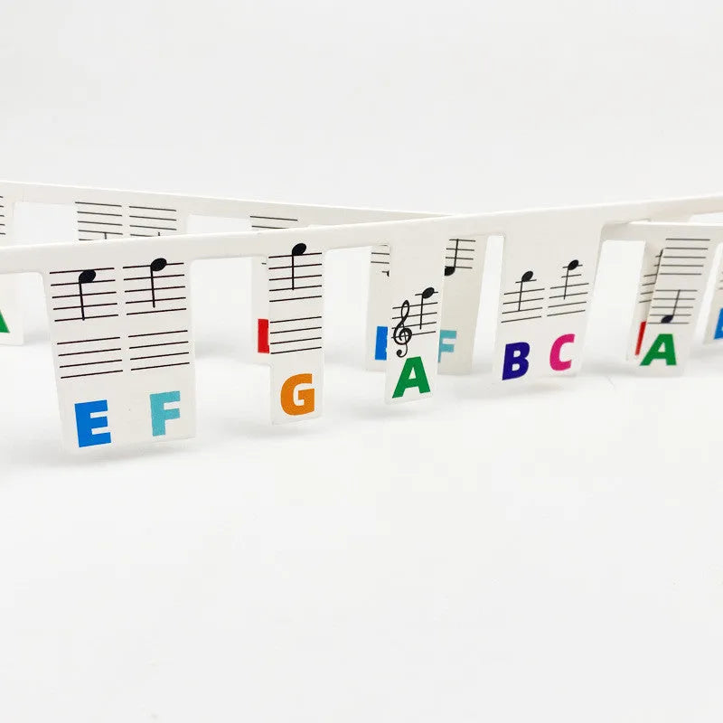 Piano keyboard note stickers on white card for 88-key pianos showing colour bars and black notation