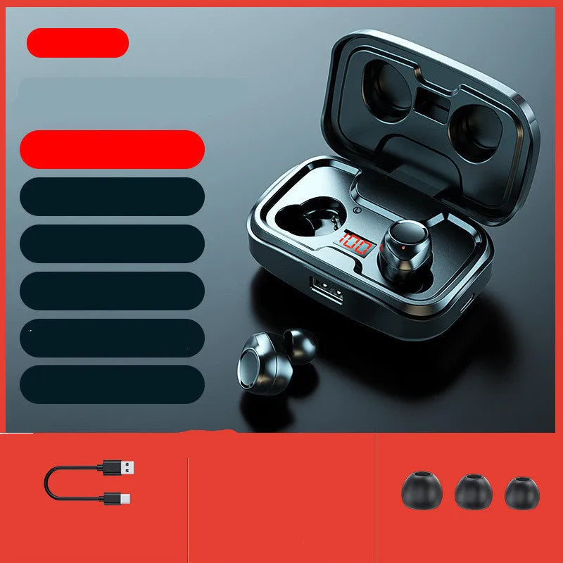 Black wireless in-ear earphones with Bluetooth 5.0 showing private mould design.