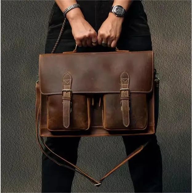 Genuine cowhide leather computer bag with crossbody strap in dark brown colour for business use