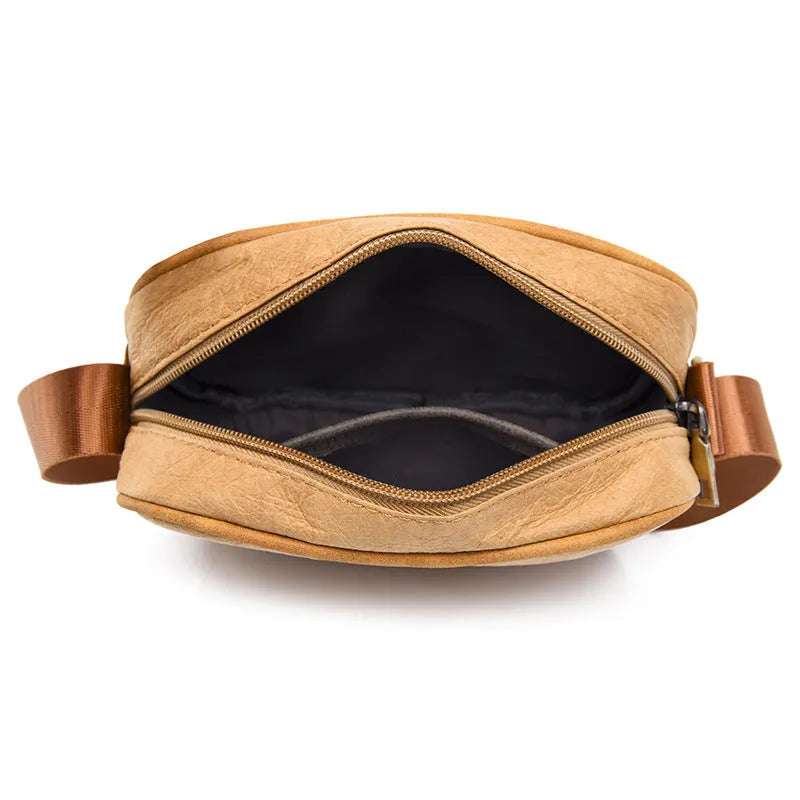 Men's waterproof paper crossbody bag in European and American retro style, shown in black, brown, and silver colour options
