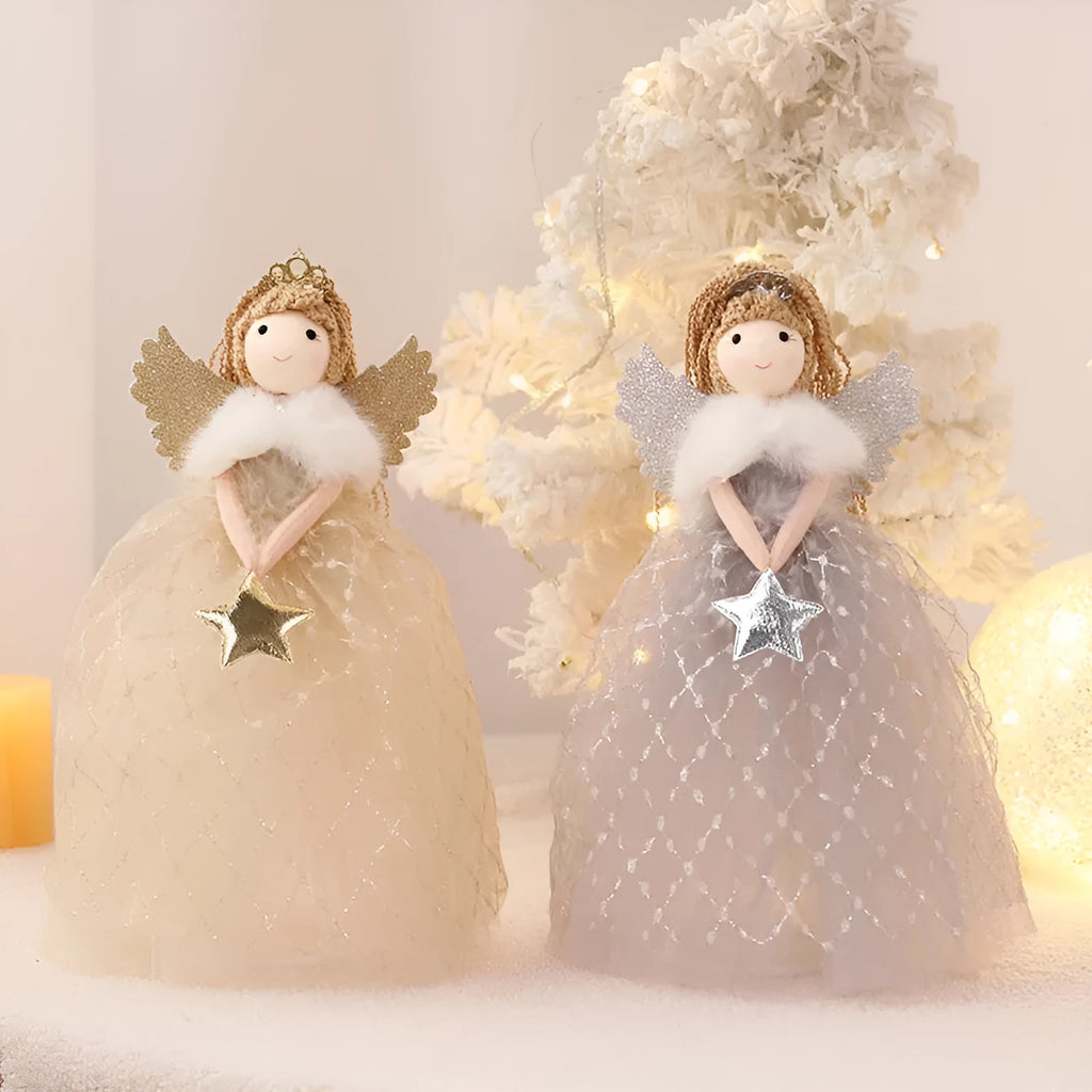 Angel girl doll ornament in non-woven fabric, 26 x 15 cm, shown in gold and light gray for festive hanging display