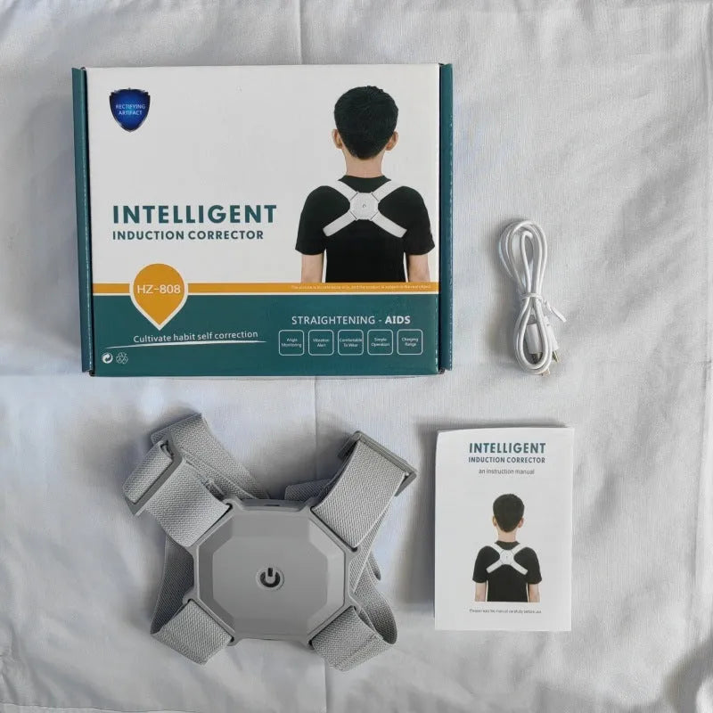 Gray adjustable smart posture corrector belt for kids and adults with real-time assessment, 210g