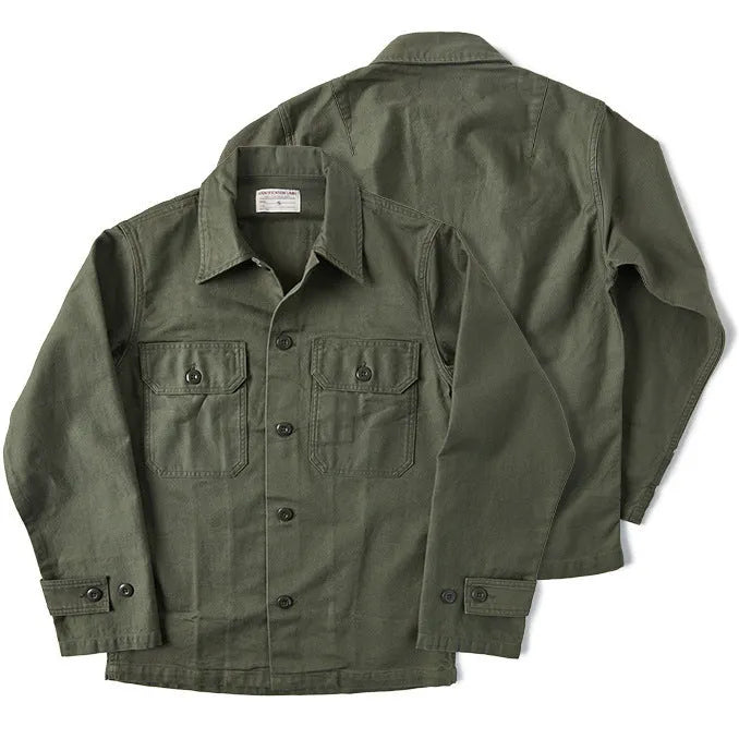 Men's olive green cotton satin slim fit work shirt with cardigan style front