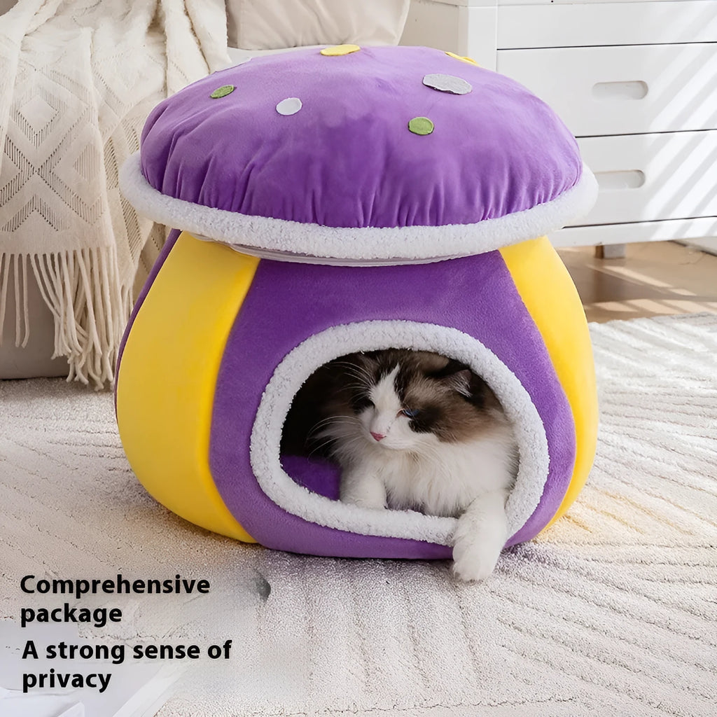 Grey mushroom-shaped plush cat nest bed with a detachable inner blanket, shown with a cat inside.