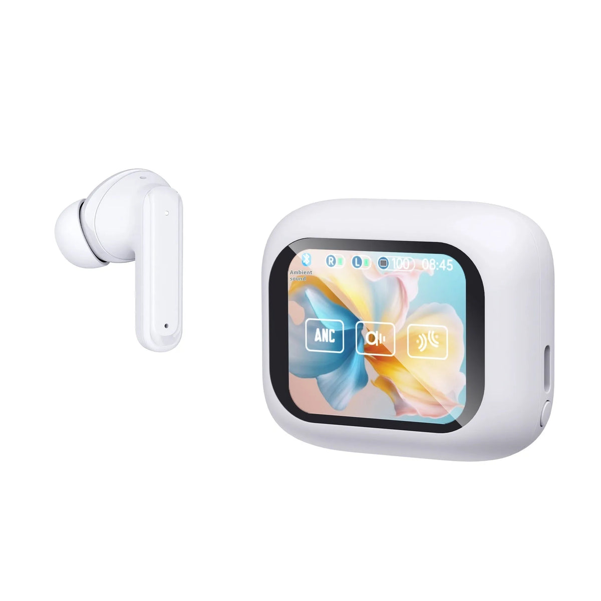 Wireless Bluetooth in-ear headset with touch noise reduction and colour screen, shown in black or white