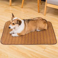 Brown rattan fibre dog cooling mat resting on a floor.