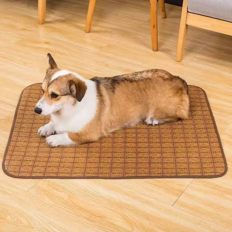 Brown rattan fibre dog cooling mat resting on a floor.