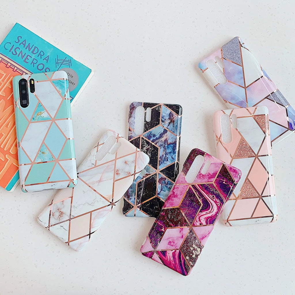 Electroplated marble design phone case for Huawei and Samsung smartphones in various colours.