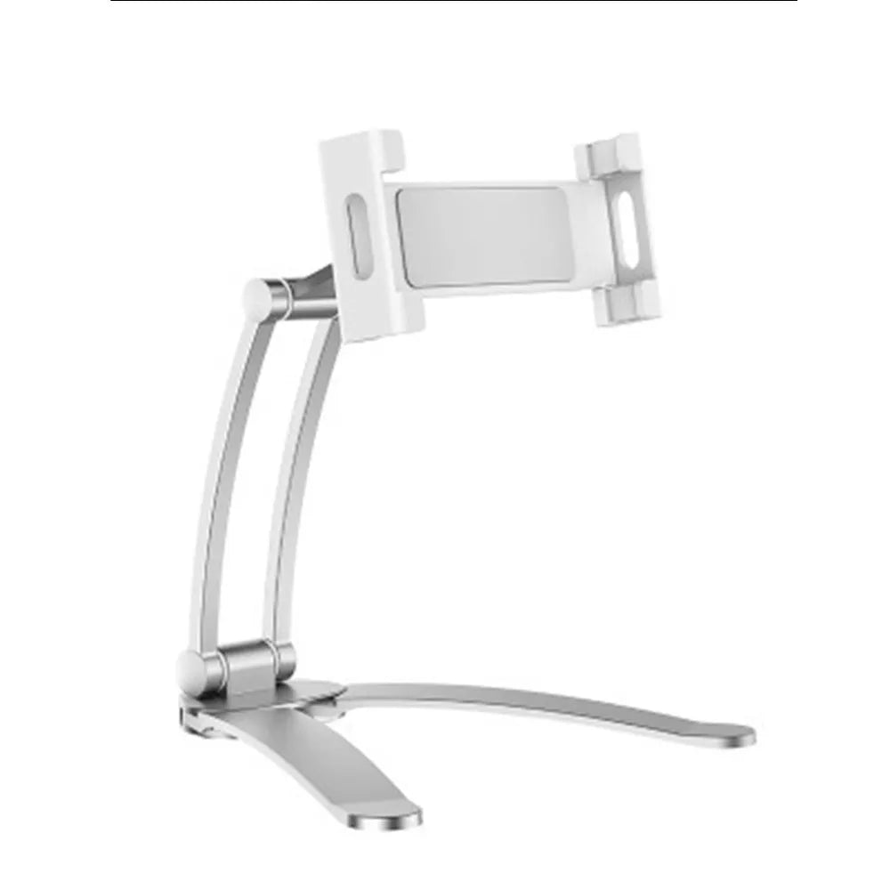 Silver aluminium desktop tablet stand holding a tablet, showing 360-degree rotation and dual adjustable clip design.