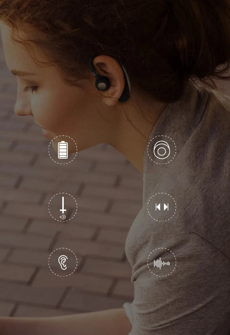 Wireless hanging ear Bluetooth headset in black with 24-hour talk time and 300mAh battery