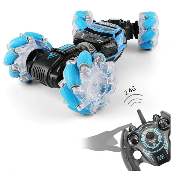 4WD RC stunt car with gesture remote control in red colour on white background showing off-road wheels and LED lights