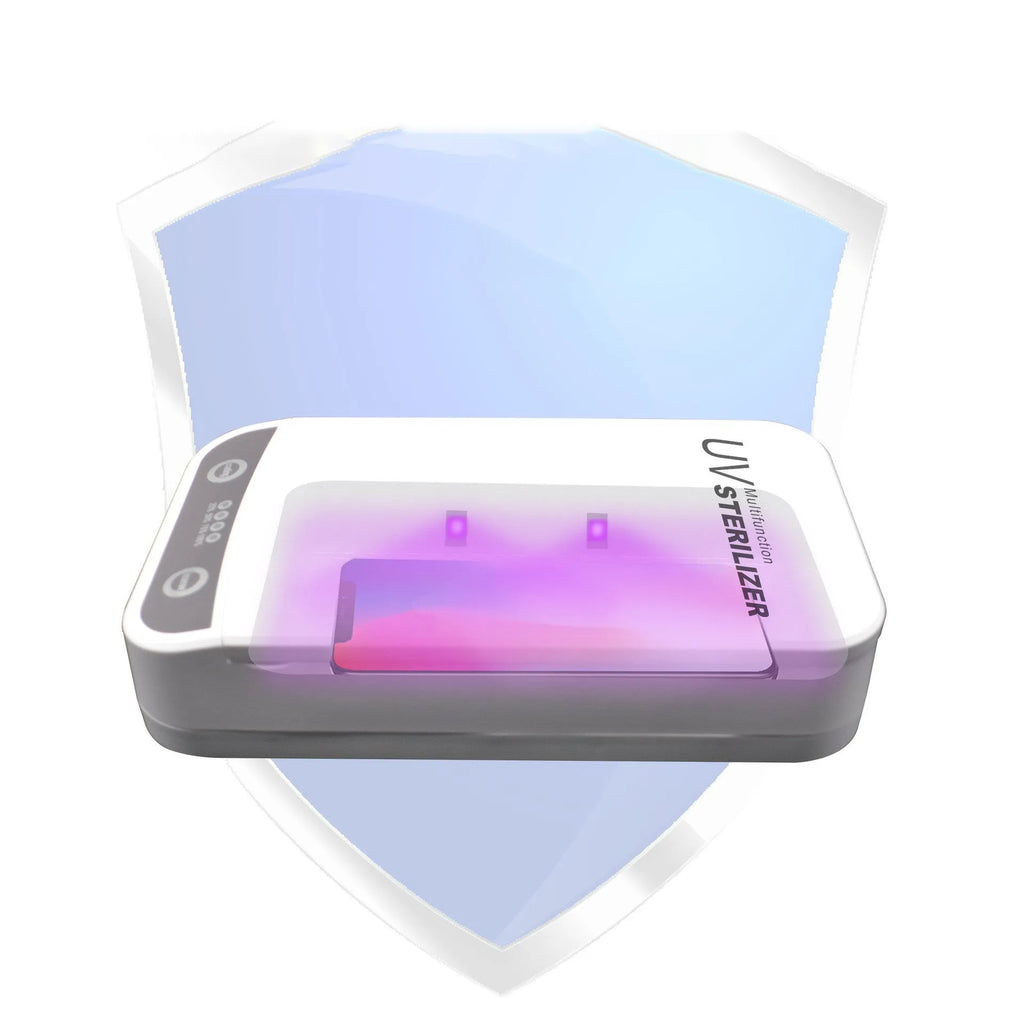 UV disinfection box with internal chamber for phones up to 6.5 inches, showing USB ports.