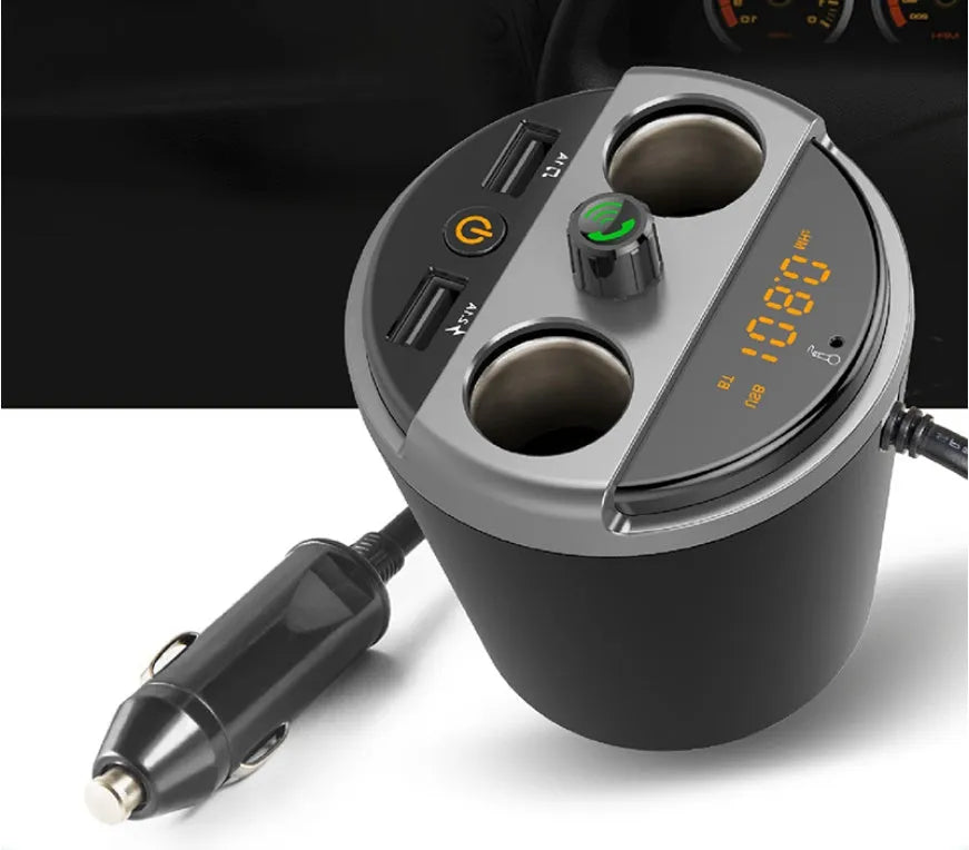 Black car cup Bluetooth MP3 player FM transmitter with dual USB ports and hands-free calling button