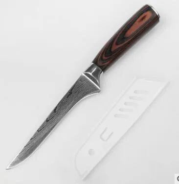 Carpenter's Special kitchen knife with laser Damascus pattern blade and coloured wood handle