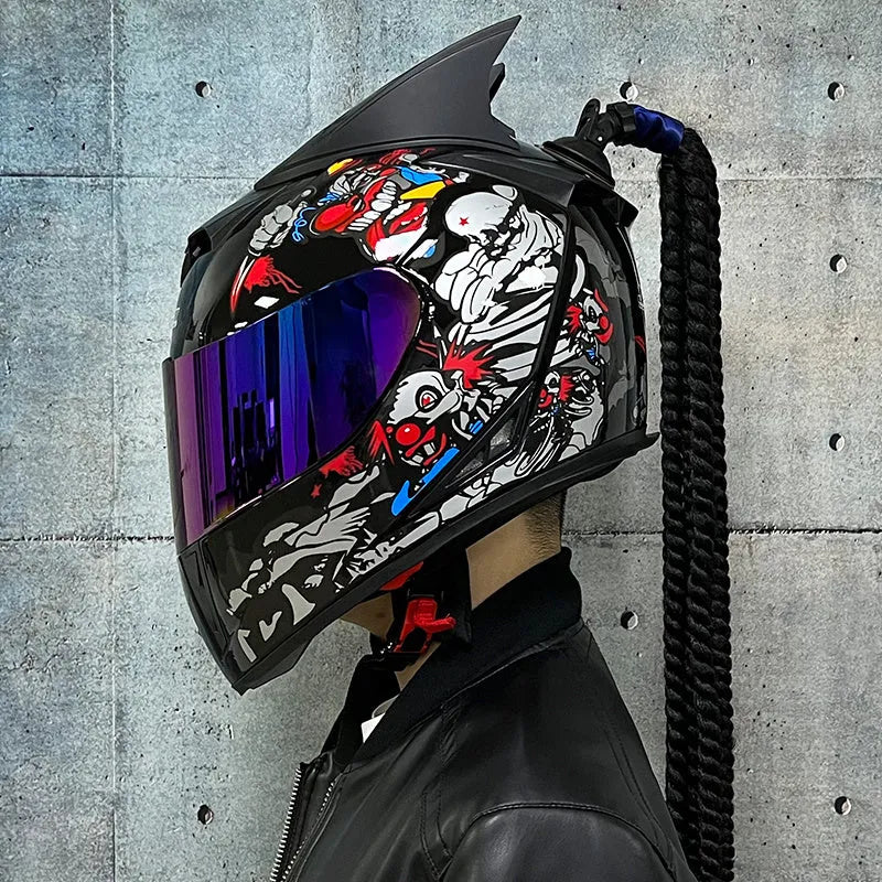 Couples' dirty braids full-face motorcycle helmet in Black Clown design, showing ABS shell.