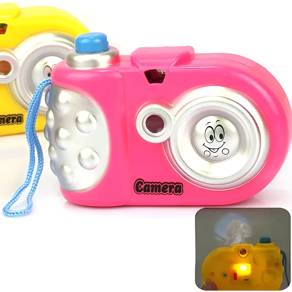 Kids projection camera educational toy showing animal images with sliding lens cap mechanism