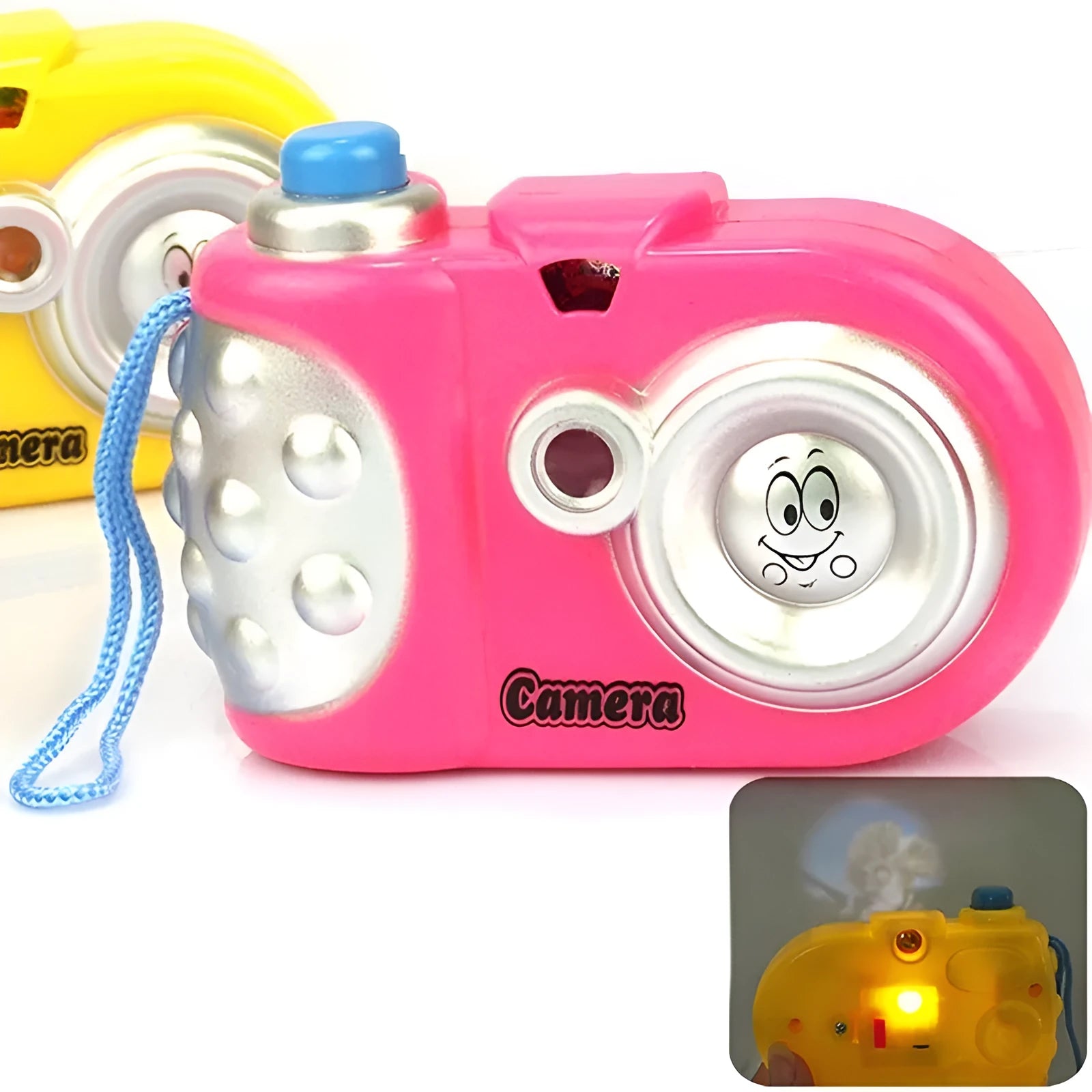 Kids projection camera educational toy showing animal images with sliding lens cap mechanism