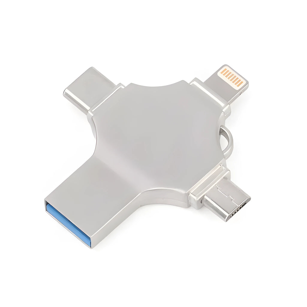 Silver metal 4-in-1 USB 3.0 flash drive with iOS, Micro USB, Type-C, and USB connectors for mobile phone and computer data transfer