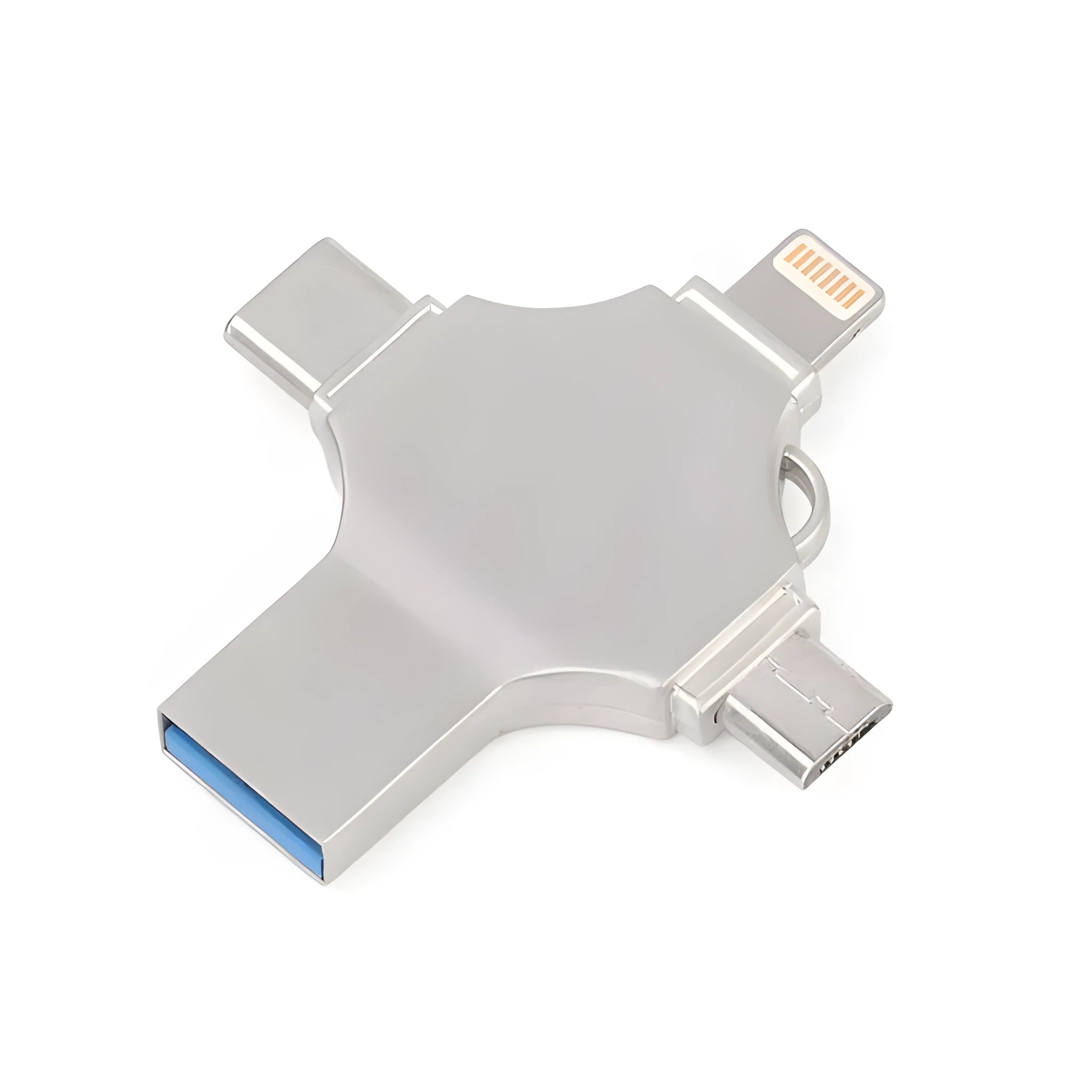 Silver metal 4-in-1 USB 3.0 flash drive with iOS, Micro USB, Type-C, and USB connectors for mobile phone and computer data transfer