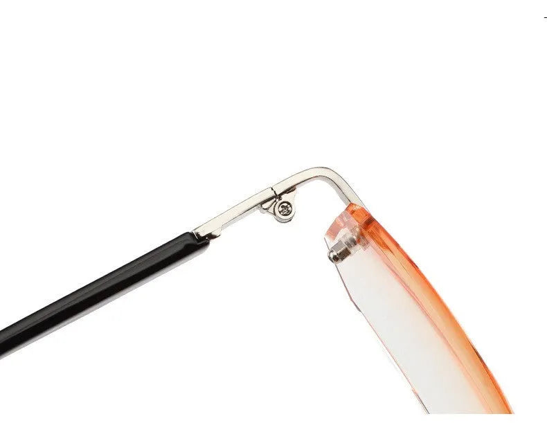 Black metal diamond-cut reading glasses with tan accents on the temples, unisex design, available in 100 to 400 degree strengths.