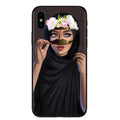 Islamic hijab design phone case with rhinestone and floral decoration for iPhone, on a TPU back cover.