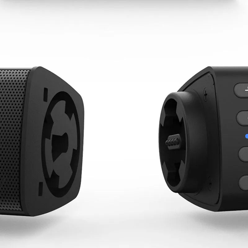 Black foldable split TV Bluetooth speaker system showing two plastic speakers with dimensions 490mm x 50mm x 50mm