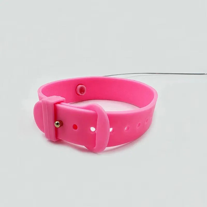 Blue adjustable cat collar with attached silicone wand and a feather and bell toy.