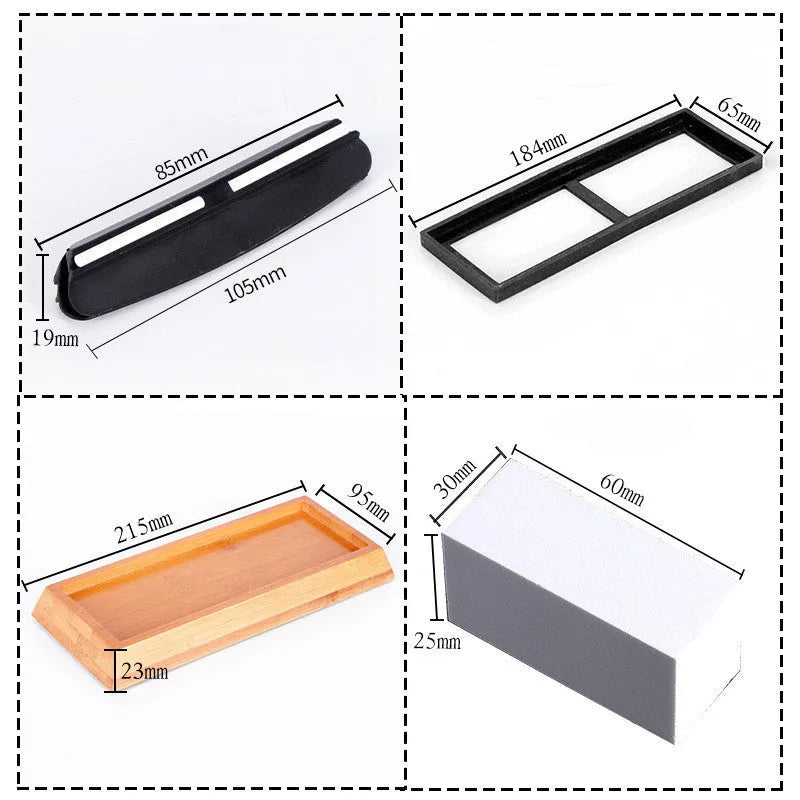 Red and white dual-grit kitchen whetstone on a bamboo base with sharpening accessories.
