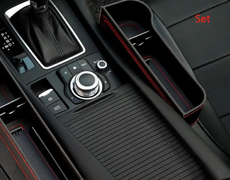 PU leather car seat gap storage box in black holding a smartphone and wallet between the console and seat