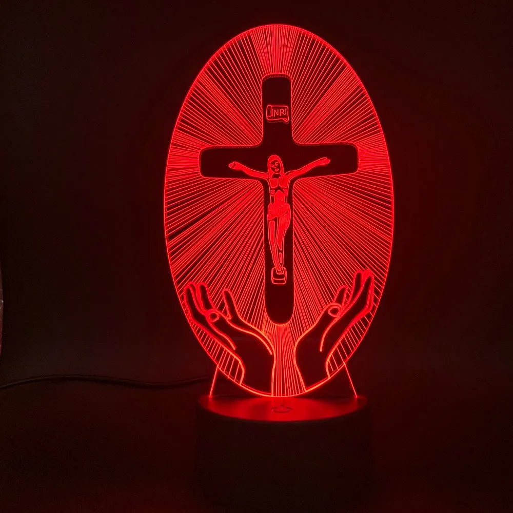 Cross acrylic 3D night light with LED, showing 200x150mm slim panel and colour glow