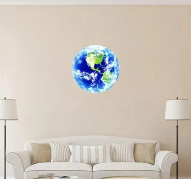 3D Earth wall sticker glowing in dark on bedroom wall, showing luminous planet detail