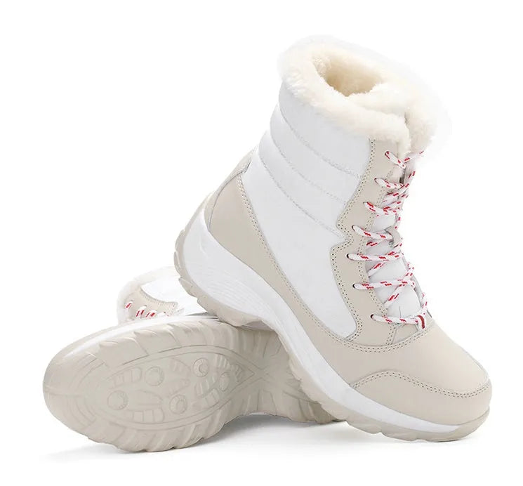 Women's high-top snow boots with synthetic leather upper, cross strap detail, and round toe, available in black